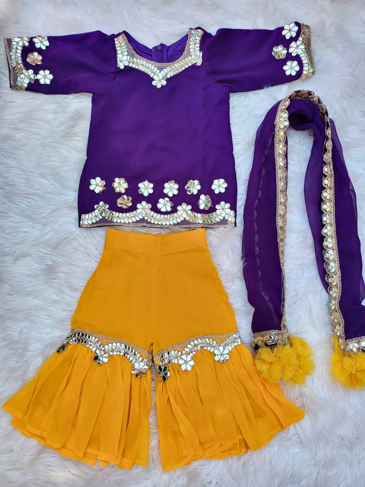 Royal Purple and Yellow Gota Patti Kids' Sharara Set