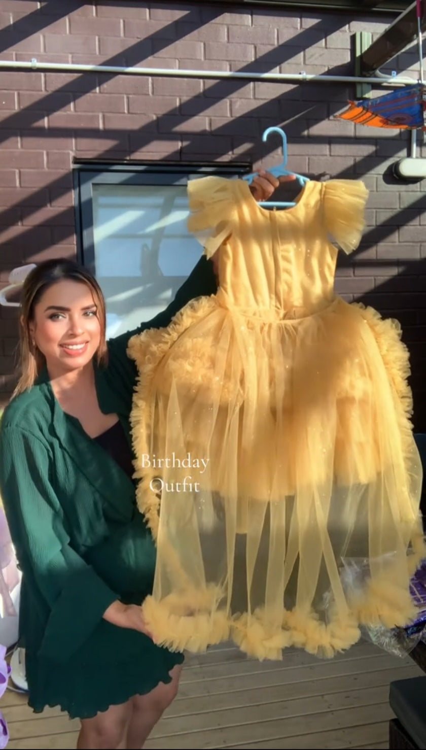 Yellow Embellished Dress Featuring A Detachable Trail