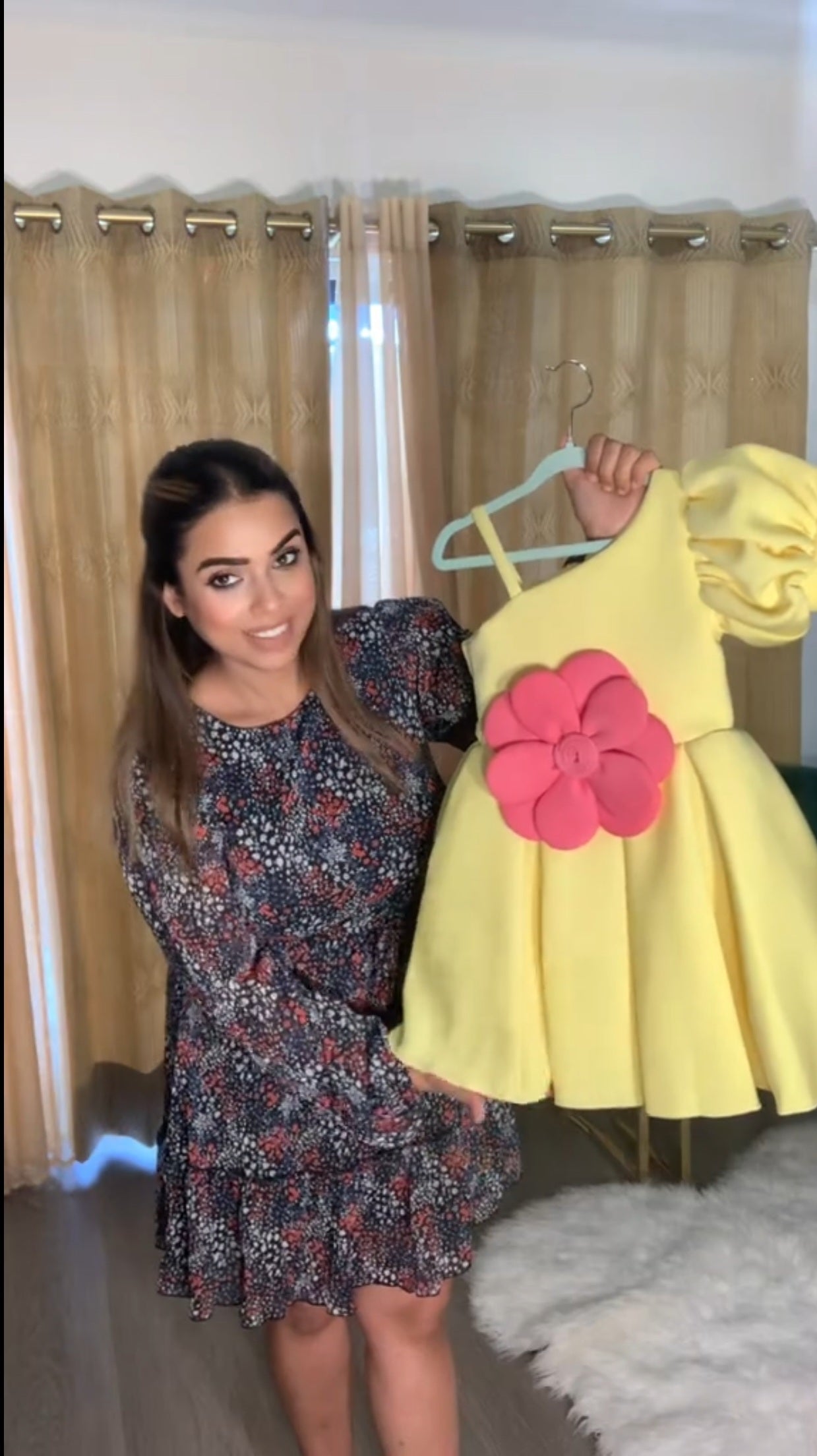 Exquisite flower embellished frilly yellow scuba dress