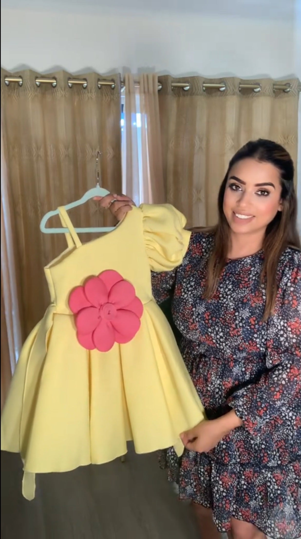 Exquisite flower embellished frilly yellow scuba dress