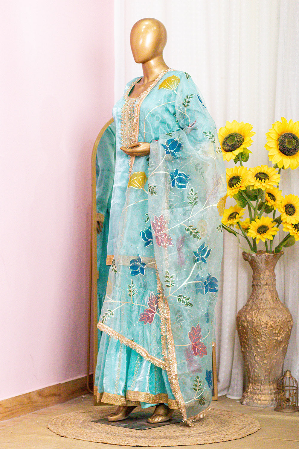 Aqua Blue Sharara Suit with Heavy Gold Neckwork & Floral Dupatta