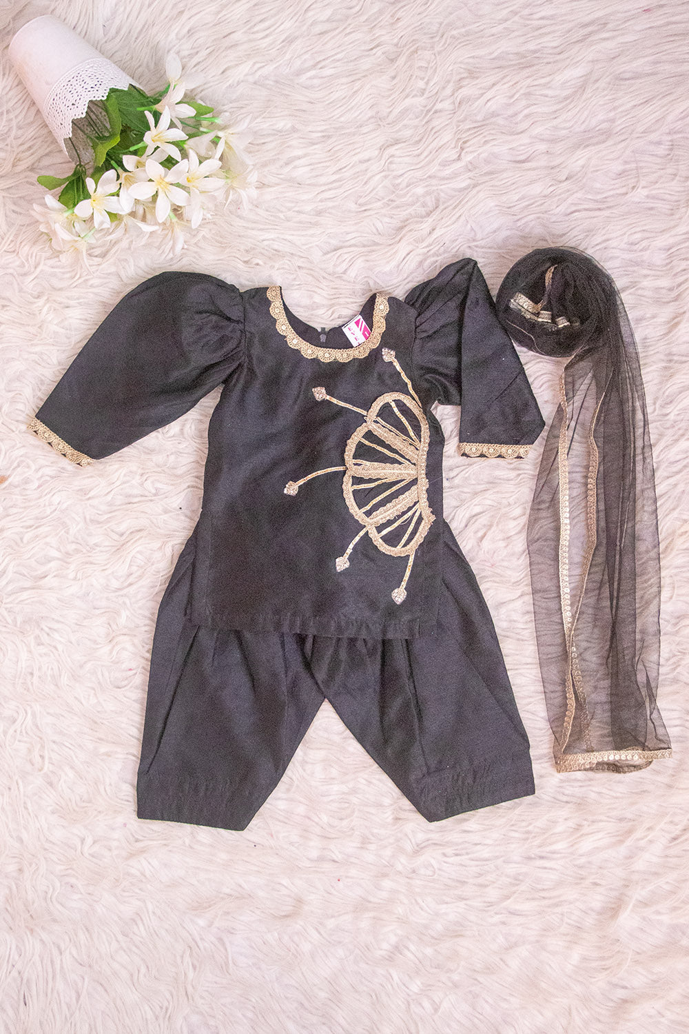 Elegant Black Silk Blend Patiala Suit with Gold Zari Embroidery