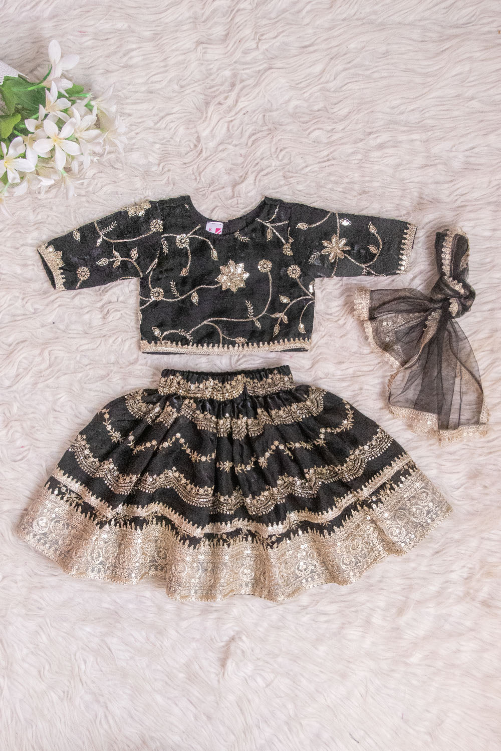 Luxurious Black and Gold Embroidered Kids Lehenga Choli Set