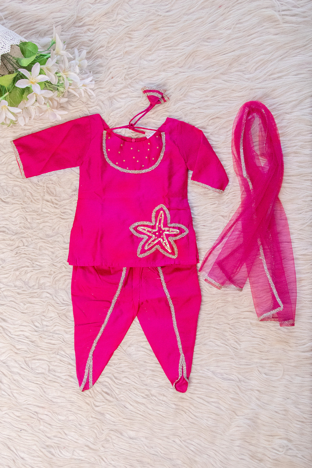 Vibrant Magenta Taffeta Kurta with Dhoti and Star Applique Set