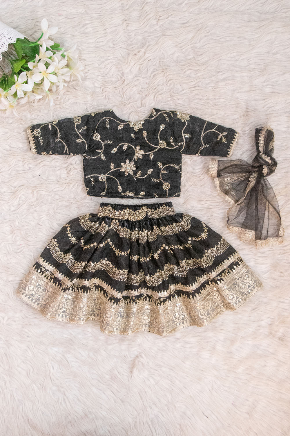 Luxurious Black and Gold Embroidered Kids Lehenga Choli Set