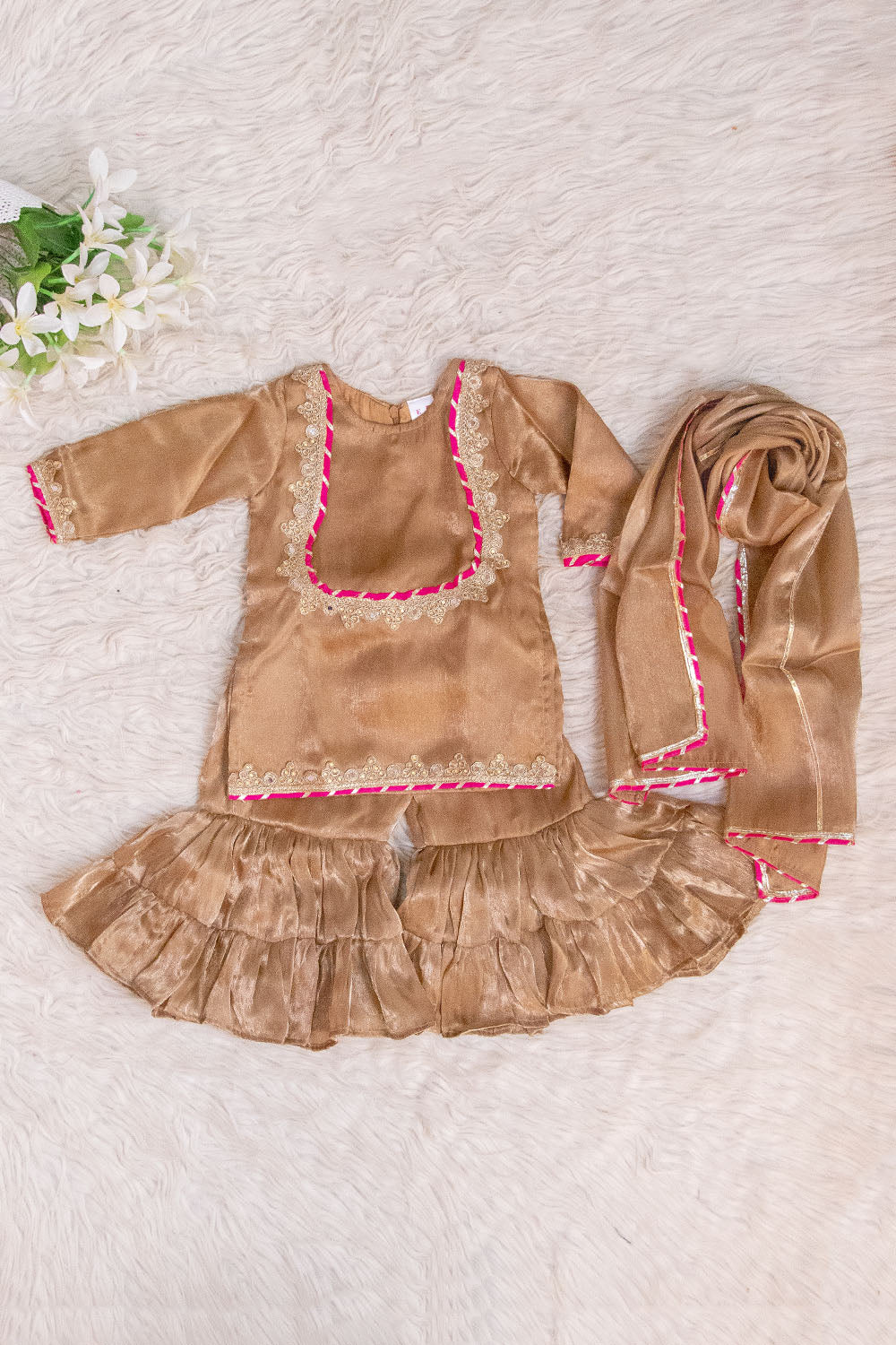 Golden Ruffled Sharara Suit Set for Girls