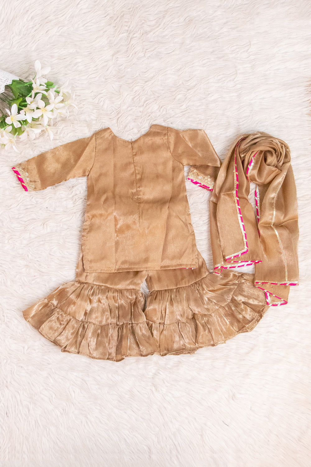 Golden Ruffled Sharara Suit Set for Girls