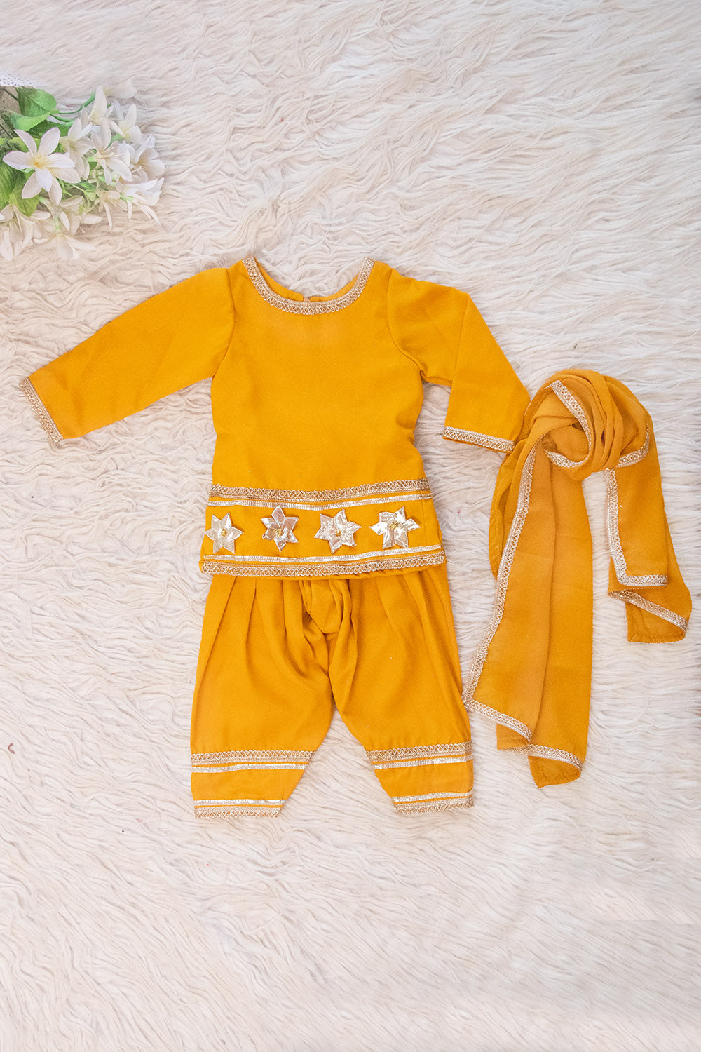 Golden Yellow Shimmer Patiala Suit with Silver Star Embellishments
