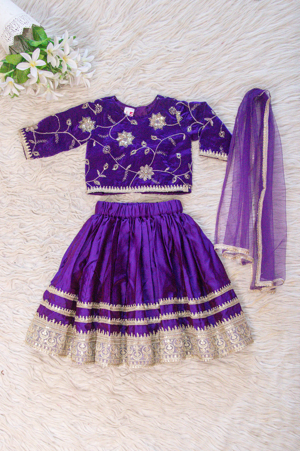 Royal Purple Velvet & Silk Lehenga Choli Set with Gold Embroidery