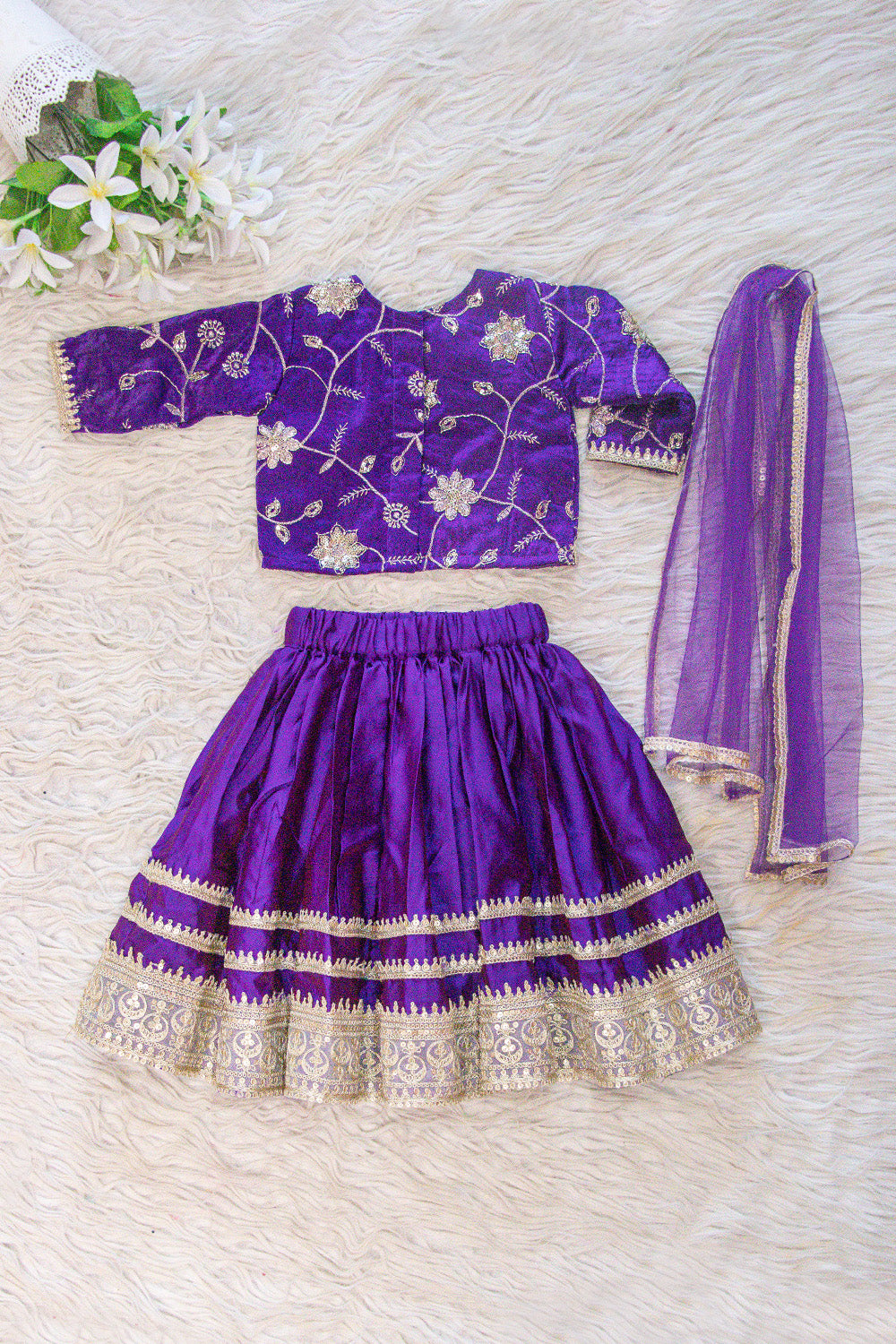 Royal Purple Velvet & Silk Lehenga Choli Set with Gold Embroidery