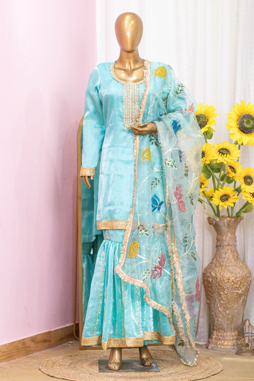 Aqua Blue Sharara Suit with Heavy Gold Neckwork & Floral Dupatta