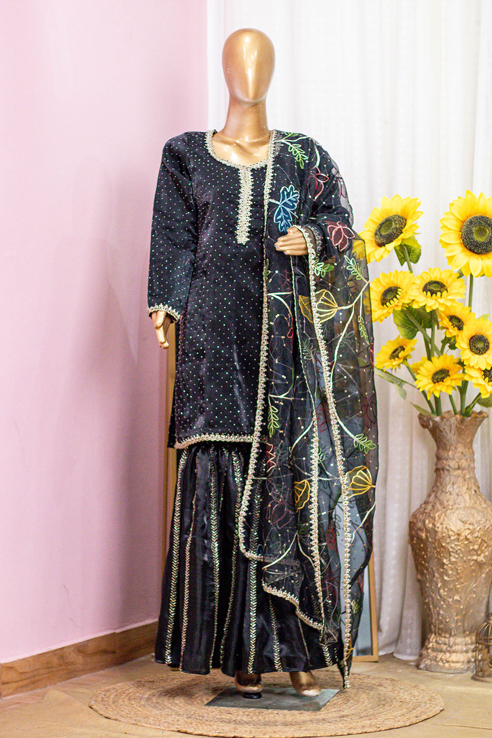Black Sequin Sharara Suit with Multi-Color Floral Dupatta