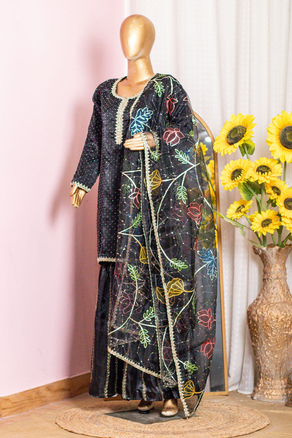 Black Sequin Sharara Suit with Multi-Color Floral Dupatta