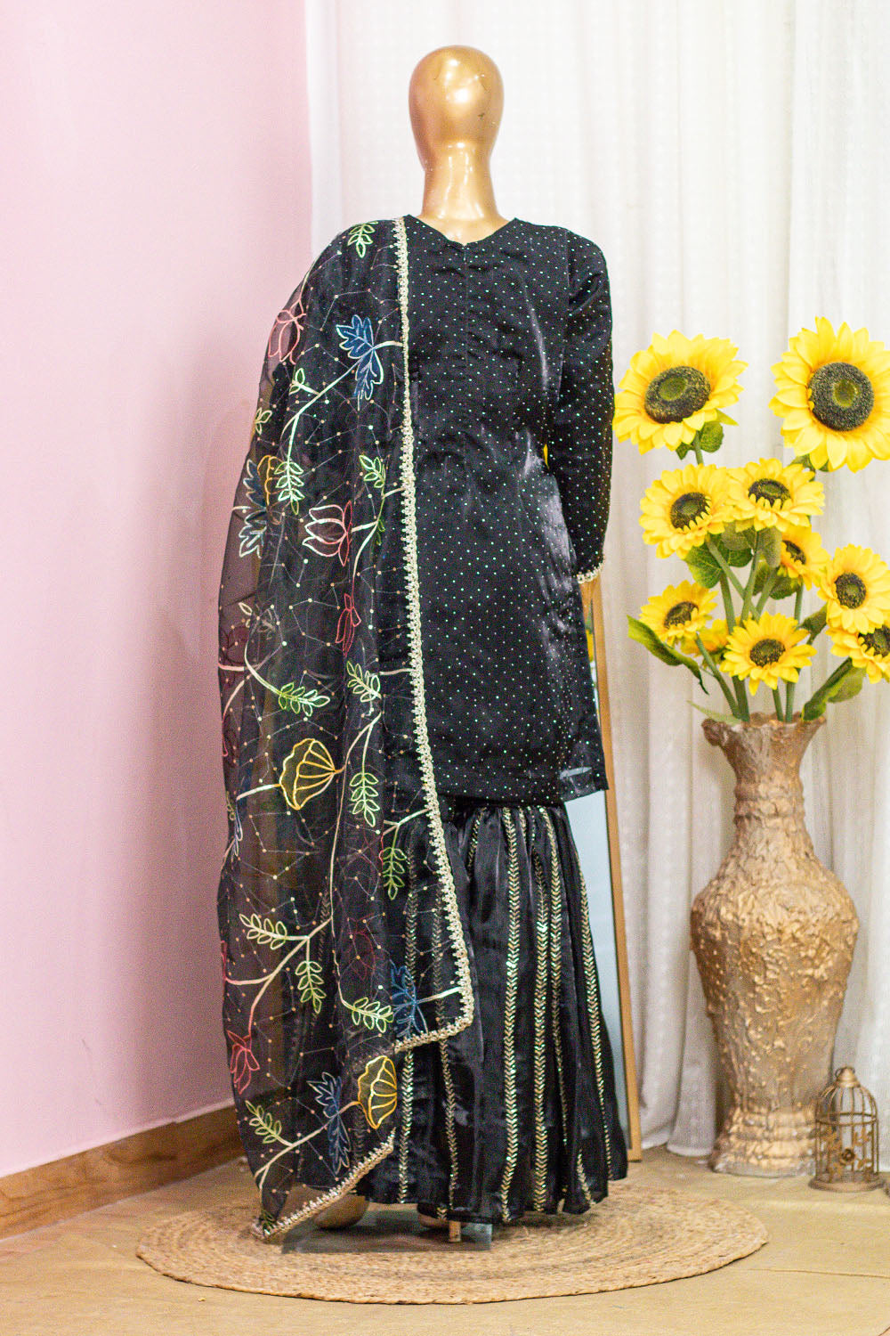 Black Sequin Sharara Suit with Multi-Color Floral Dupatta