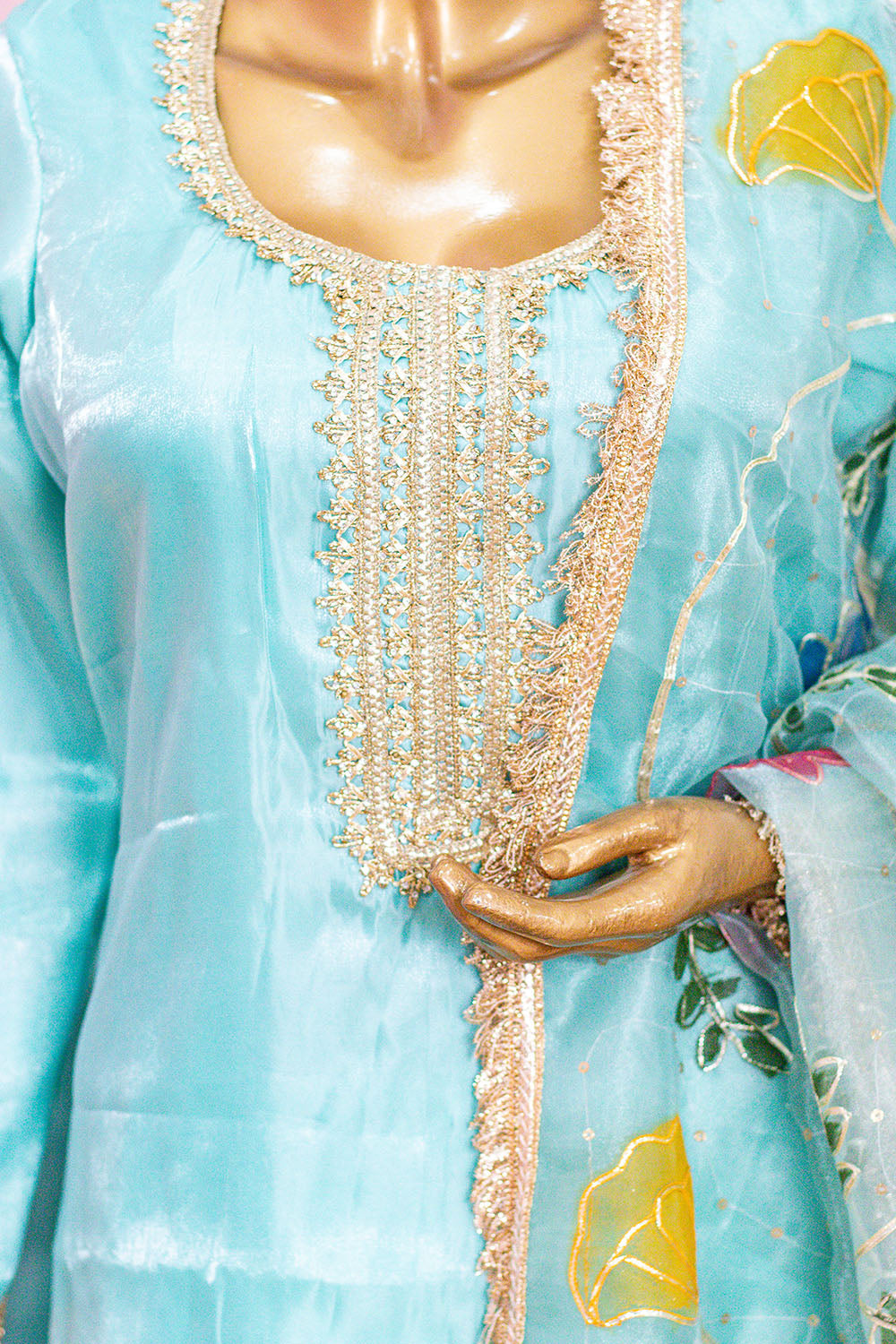 Aqua Blue Sharara Suit with Heavy Gold Neckwork & Floral Dupatta