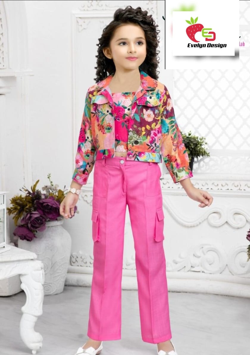 Printed Top with Jacket and Pink Pants Set