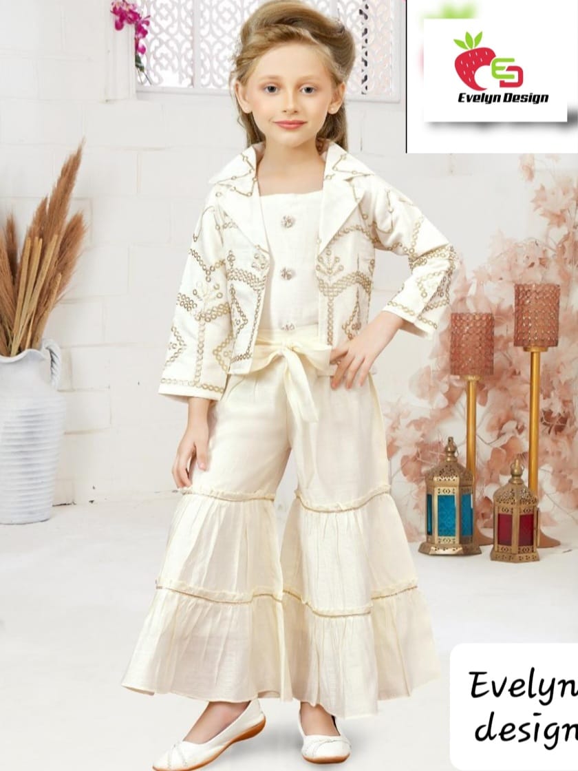 Elegant Off-White Garara Set with Embroidered Jacket for Girls