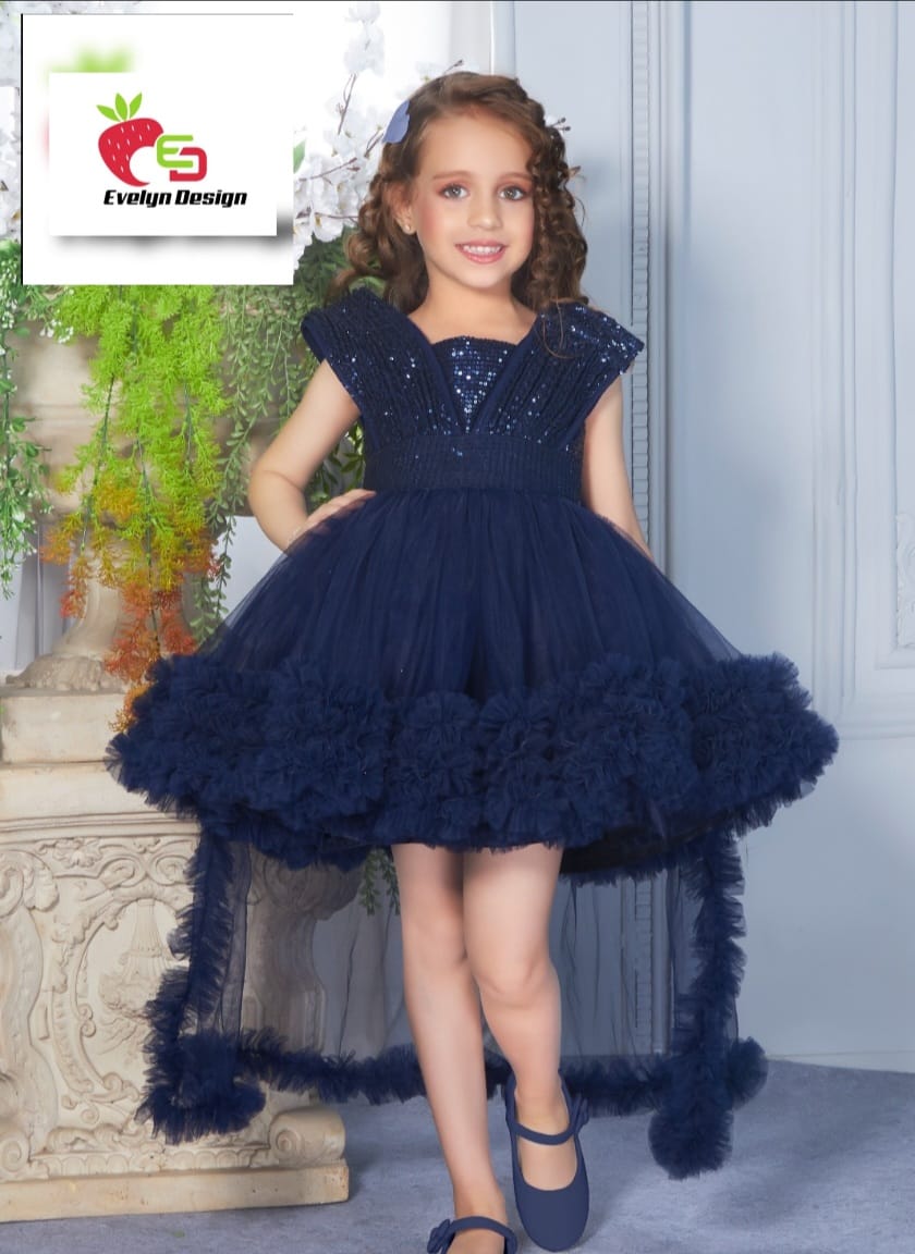 Navy Blue Sequin Party Dress with Detachable Trail for Girls