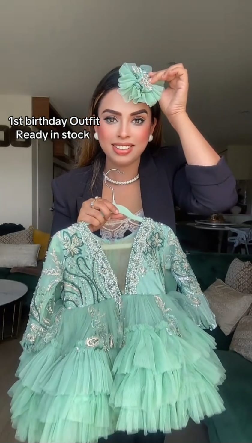 Mint Green Embroidered Birthday Dress with Matching Hair Accessory