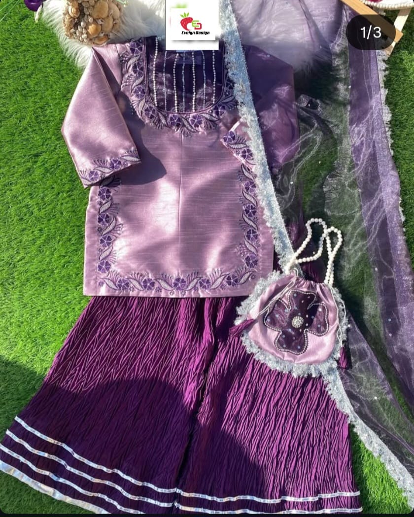 Kids Purple Machine Embroidery Suit with Dupatta & Potli Bag