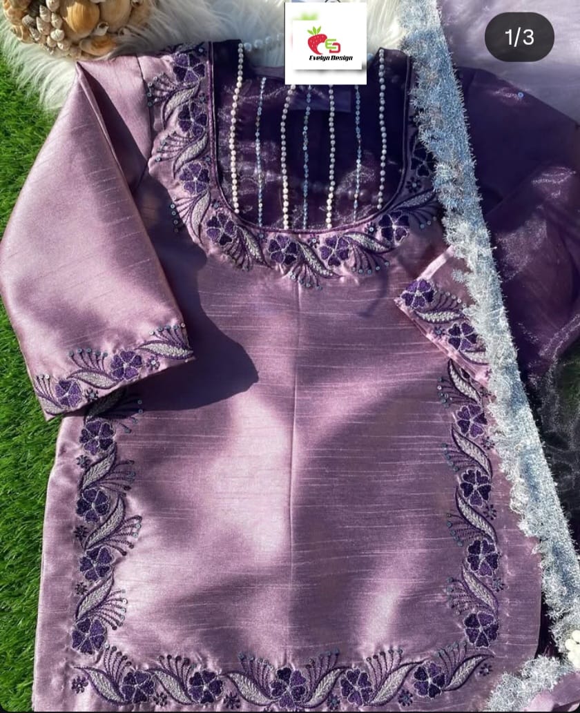 Kids Purple Machine Embroidery Suit with Dupatta & Potli Bag