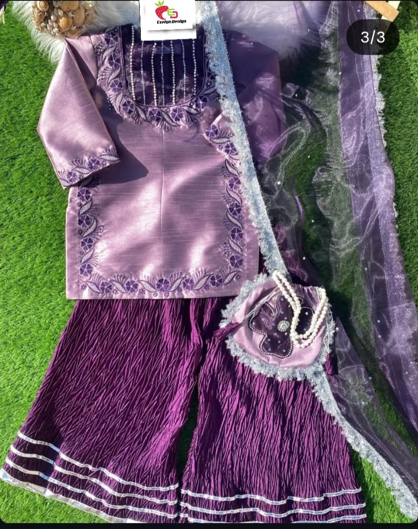 Kids Purple Machine Embroidery Suit with Dupatta & Potli Bag