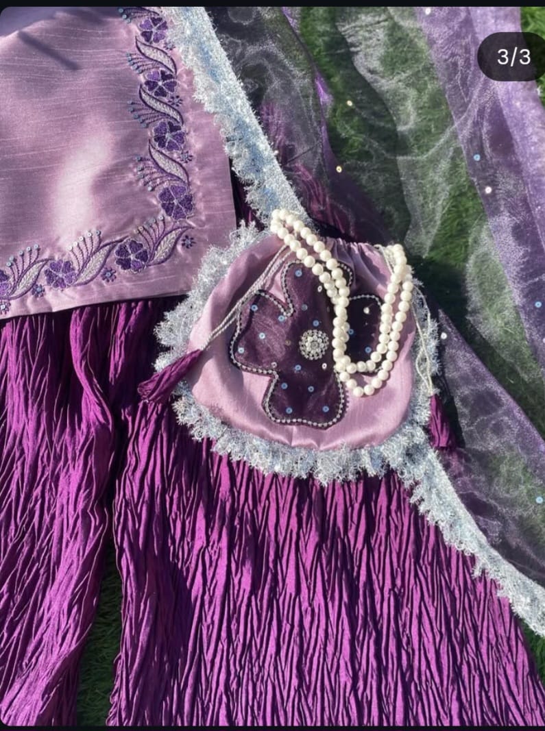 Kids Purple Machine Embroidery Suit with Dupatta & Potli Bag