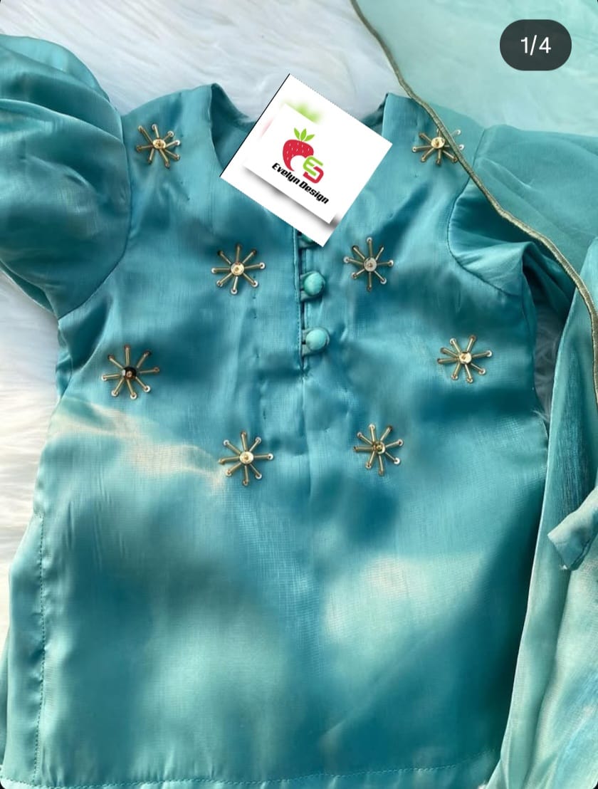 Kids Teal Hand Embroidery Suit with Dupatta & Potli Bag