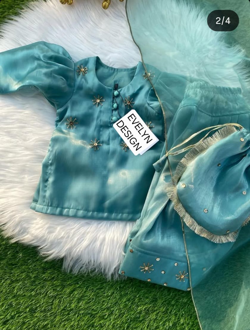 Kids Teal Hand Embroidery Suit with Dupatta & Potli Bag