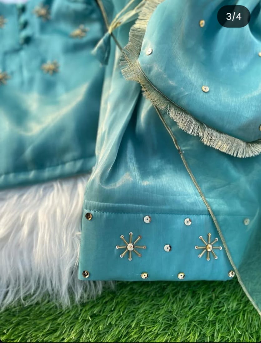 Kids Teal Hand Embroidery Suit with Dupatta & Potli Bag