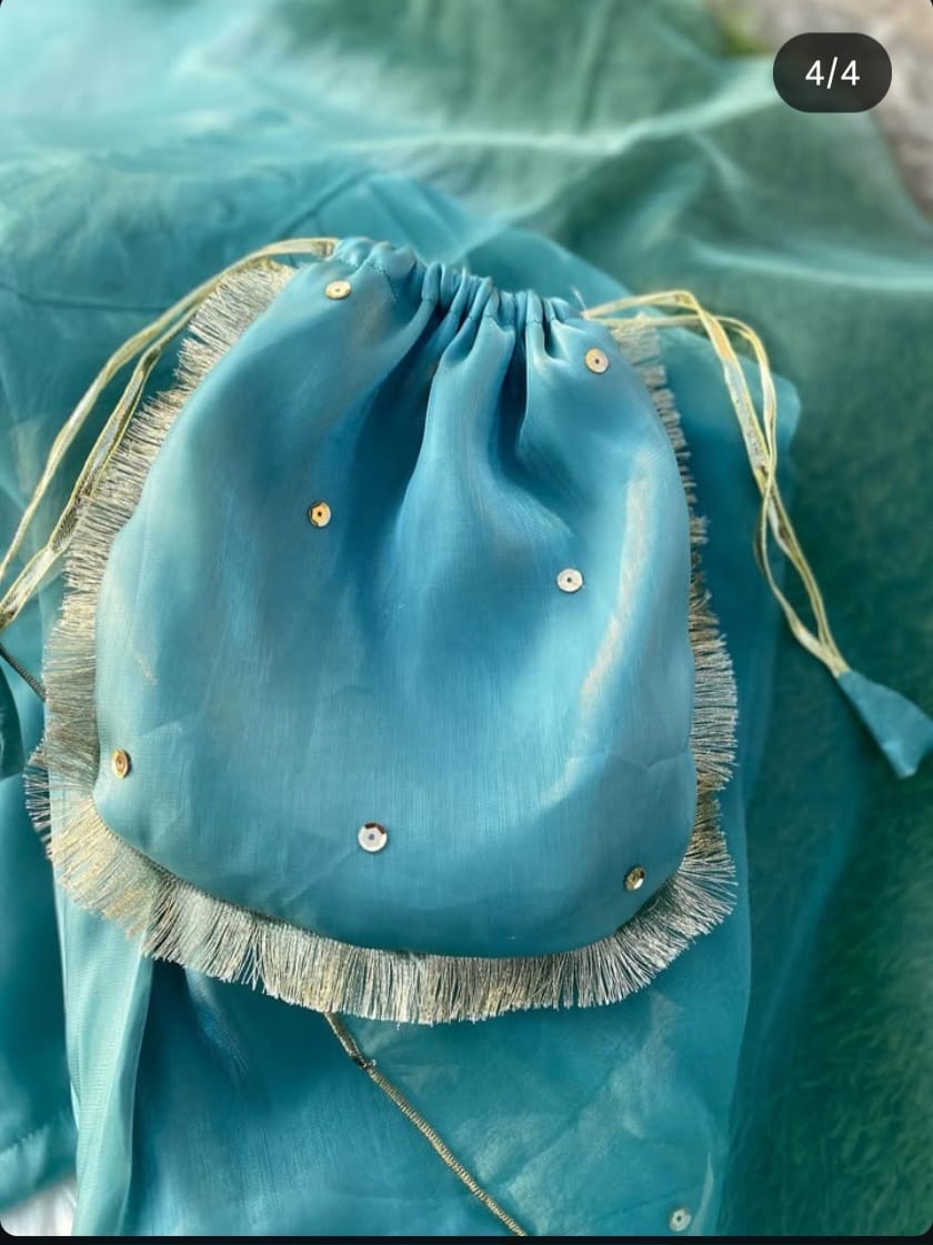 Kids Teal Hand Embroidery Suit with Dupatta & Potli Bag