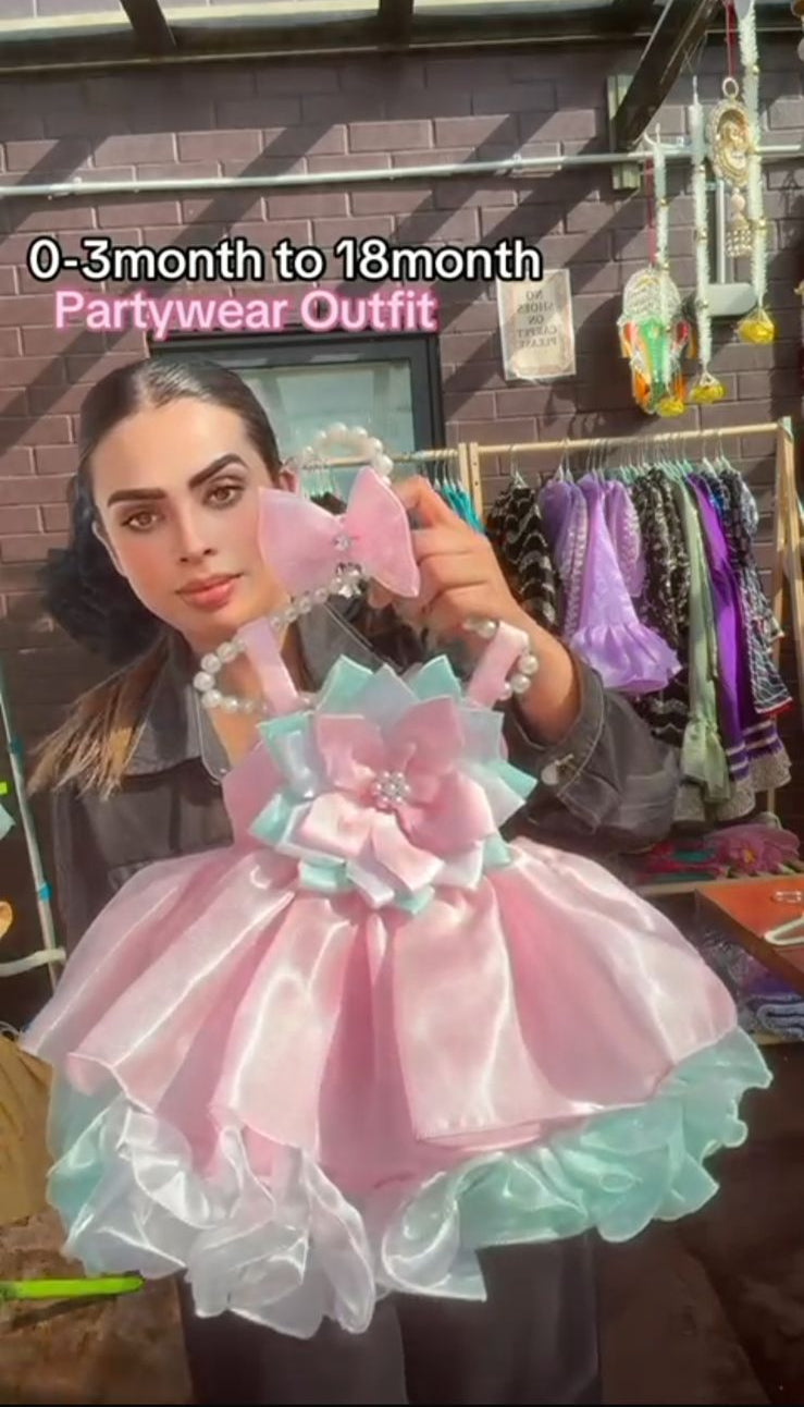 Baby Pink & Aqua Blue Partywear Frock with Floral Bow Design