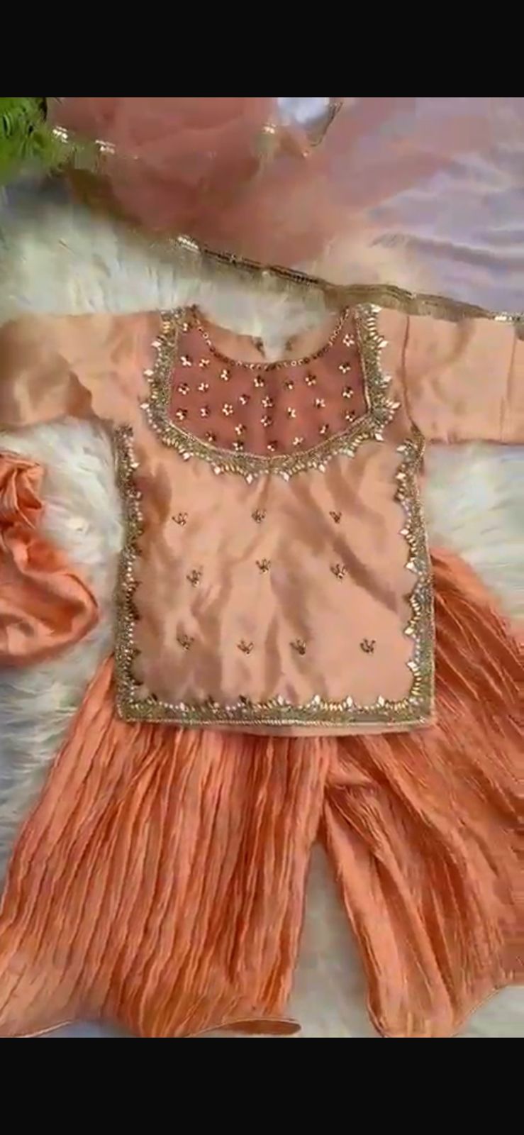 Peach & Gold Mirror Work Kids' Sharara Set