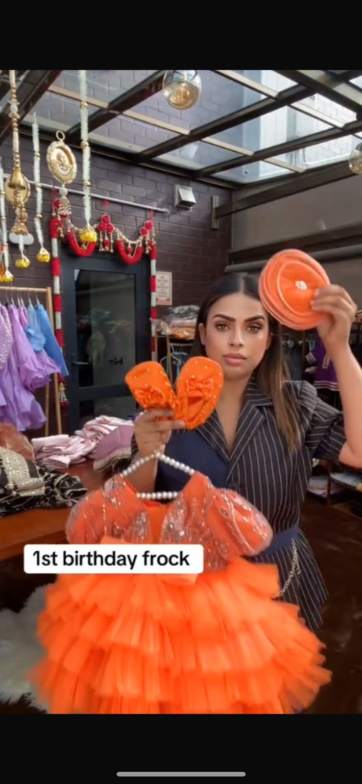 Orange Ruffle 1st Birthday Frock with Shoes & Hair Accessories