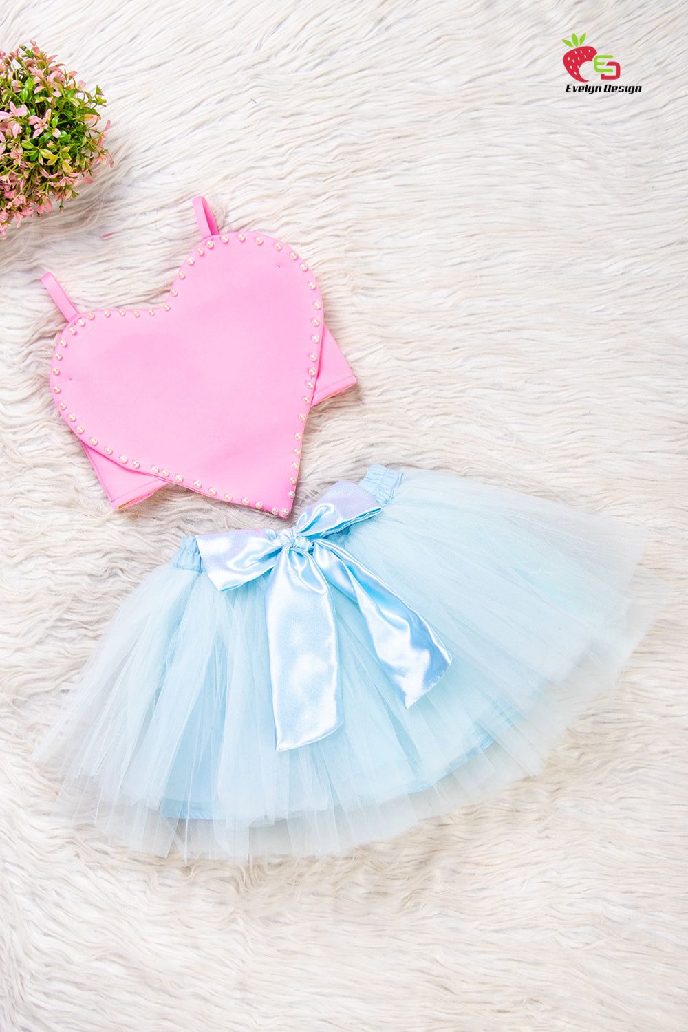 Pink and Blue Heart Top and Skirt Set