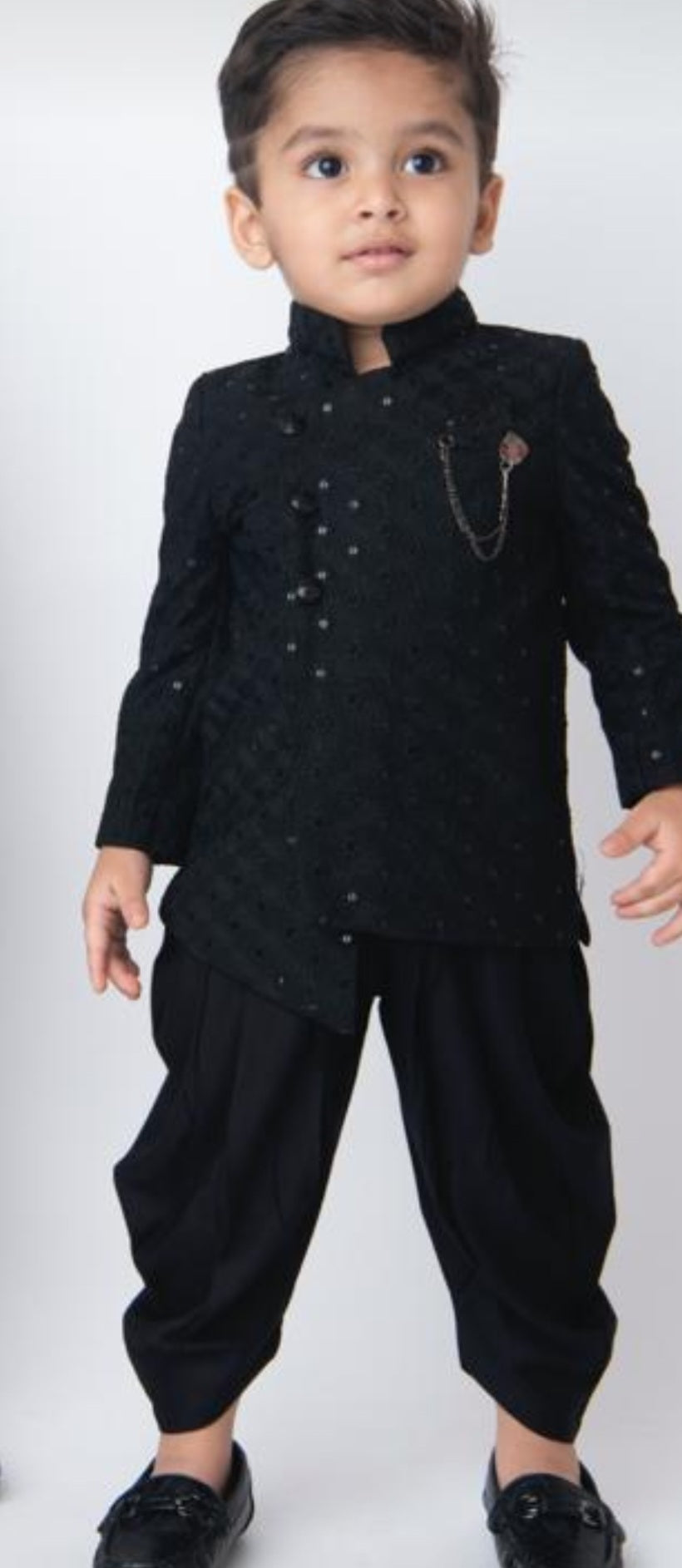 Elegant Front Open Embroidered Asymmetric Black Sherwani And Pajama